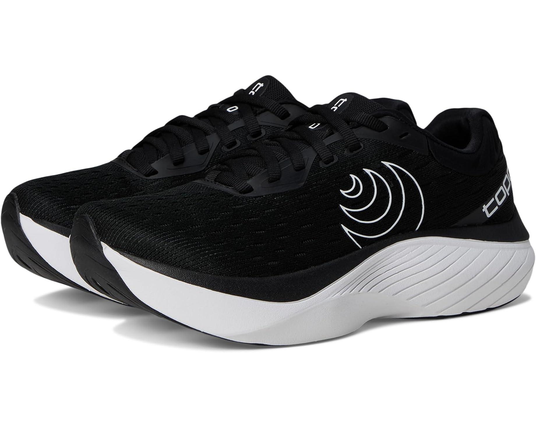 Topo Atmos max cushion running shoe in blue and orange, showing wide toe box, cushioned midsole, and breathable recycled mesh